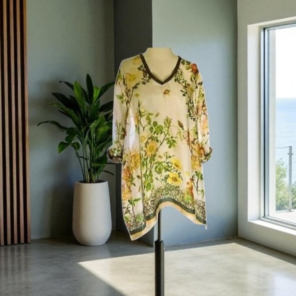 Johnny Was Floral Sheer Silk Tunic Blouse